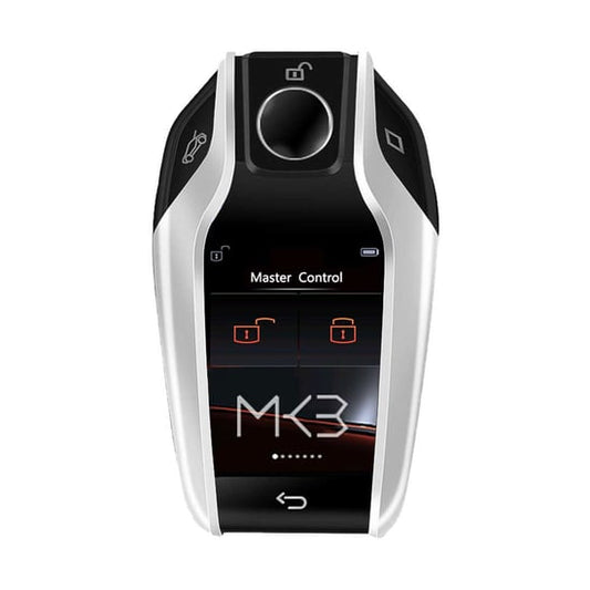 مجموعة مفاتيح ذكية عالمية LCD مع دخول بدون مفتاح ونظام تتبع موقع سيارة BMW طراز IOS باللون الفضي